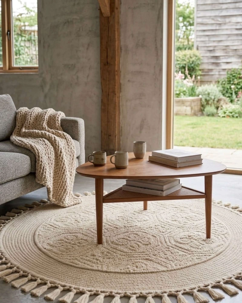 ALFOMBRA REDONDA ESTILO BOHO CHIC CON FLECOS TEXTURA SISAL 80CM - 1