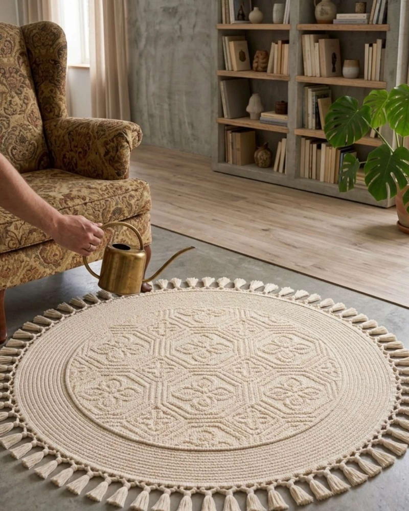 ALFOMBRA REDONDA ESTILO BOHO CHIC CON FLECOS TEXTURA SISAL 80CM - 2