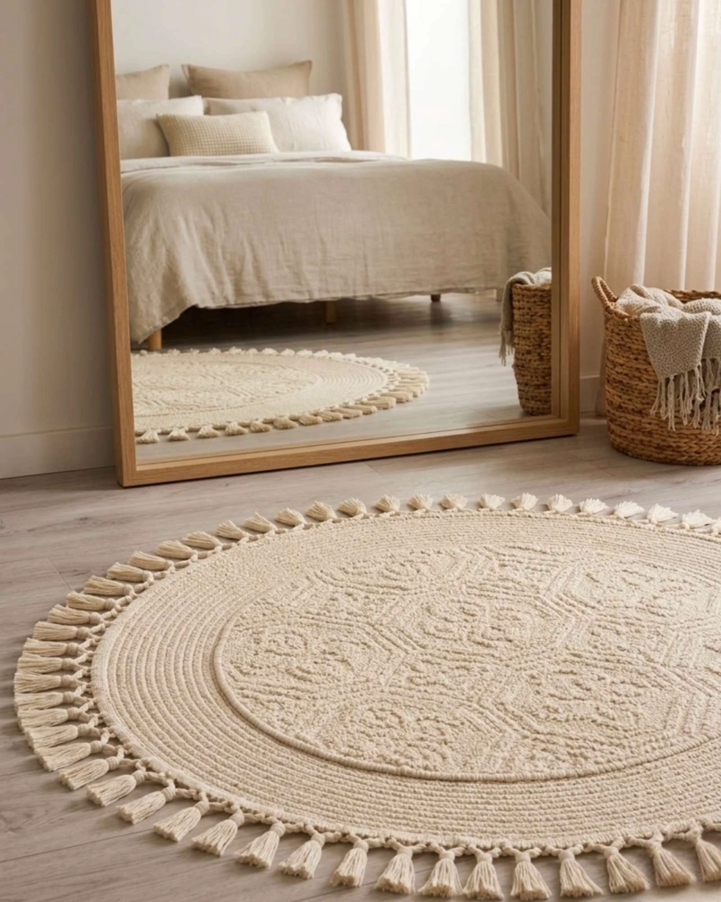 ALFOMBRA REDONDA ESTILO BOHO CHIC CON FLECOS TEXTURA SISAL 80CM - 3