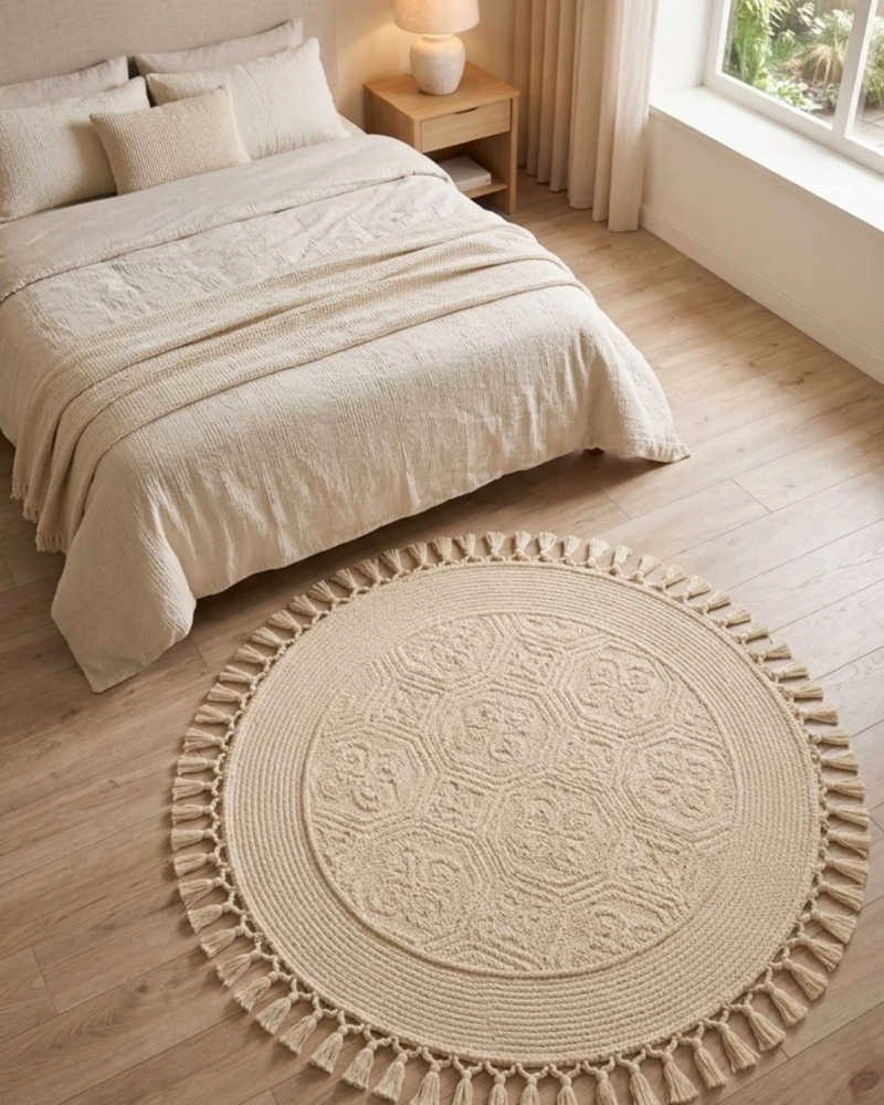 ALFOMBRA REDONDA ESTILO BOHO CHIC CON FLECOS TEXTURA SISAL 80CM - 6