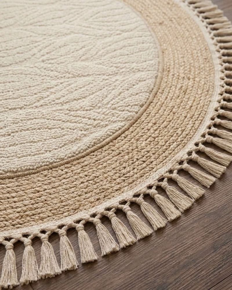 ALFOMBRA REDONDA ESTILO BOHO CHIC CON FLECOS TEXTURA SISAL 80CM - 1