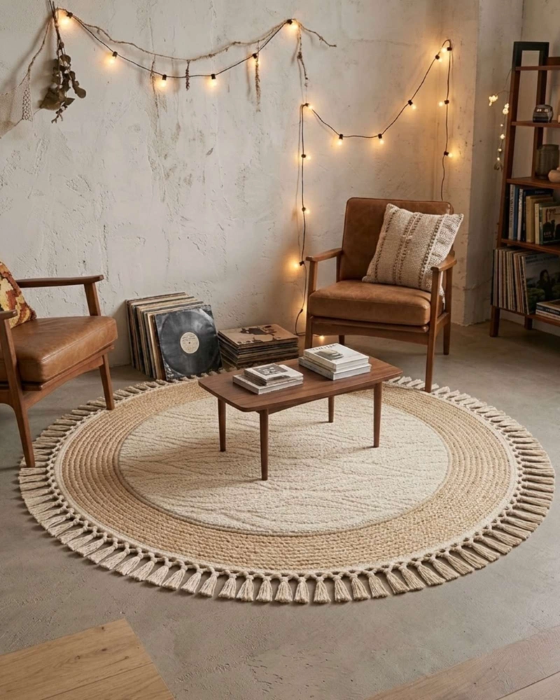 ALFOMBRA REDONDA ESTILO BOHO CHIC CON FLECOS TEXTURA SISAL 80CM - 2