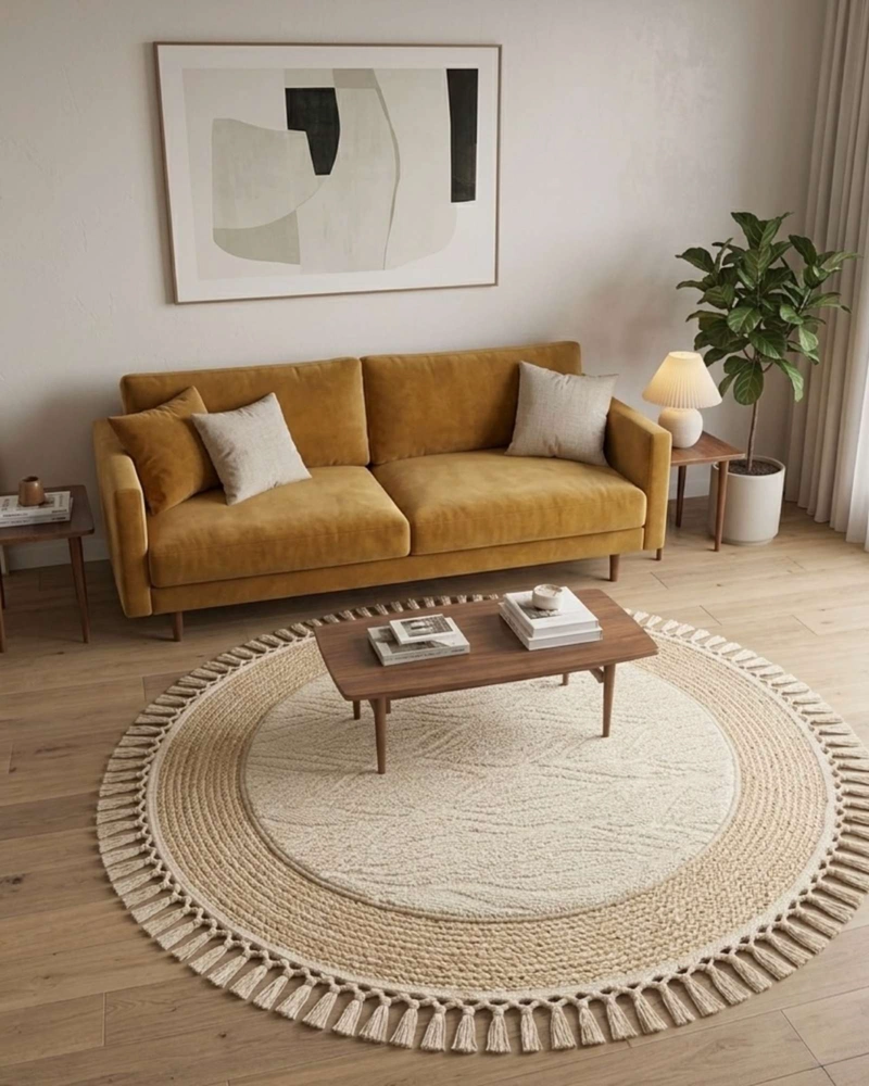 ALFOMBRA REDONDA ESTILO BOHO CHIC CON FLECOS TEXTURA SISAL 80CM - 3