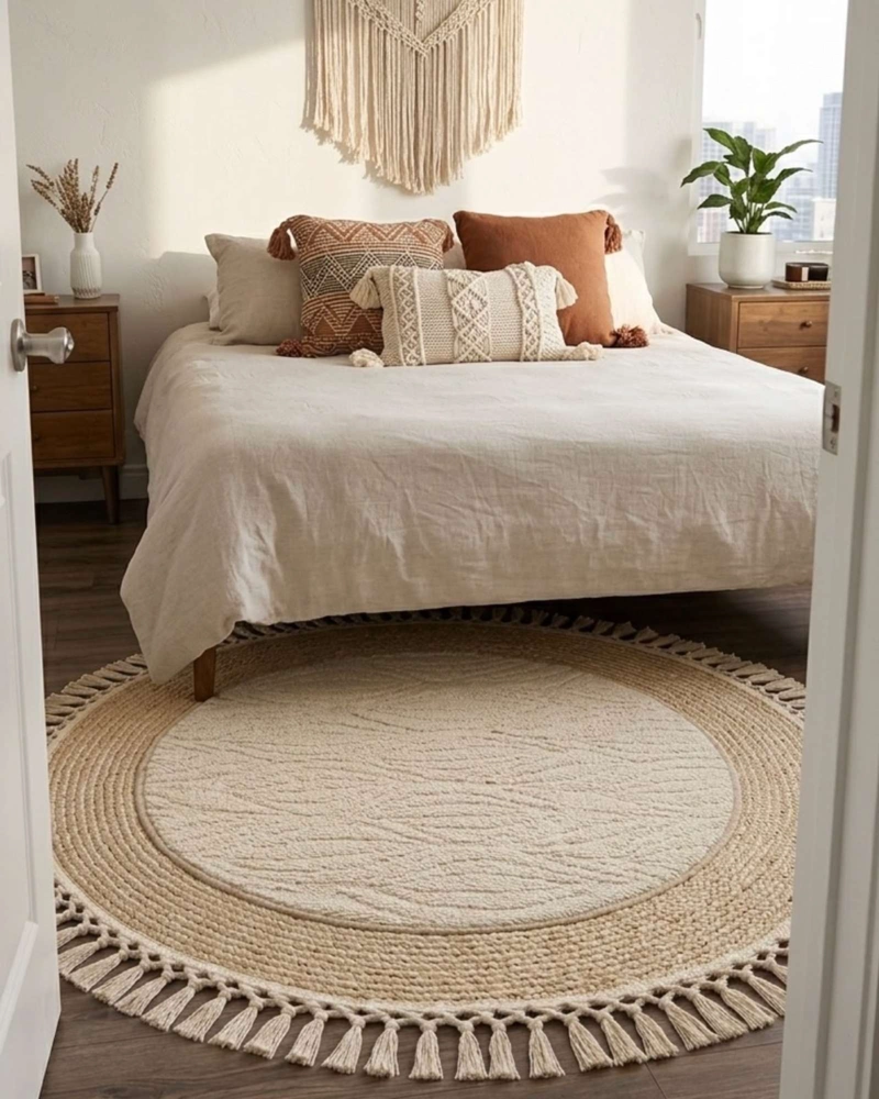 ALFOMBRA REDONDA ESTILO BOHO CHIC CON FLECOS TEXTURA SISAL 80CM - 4