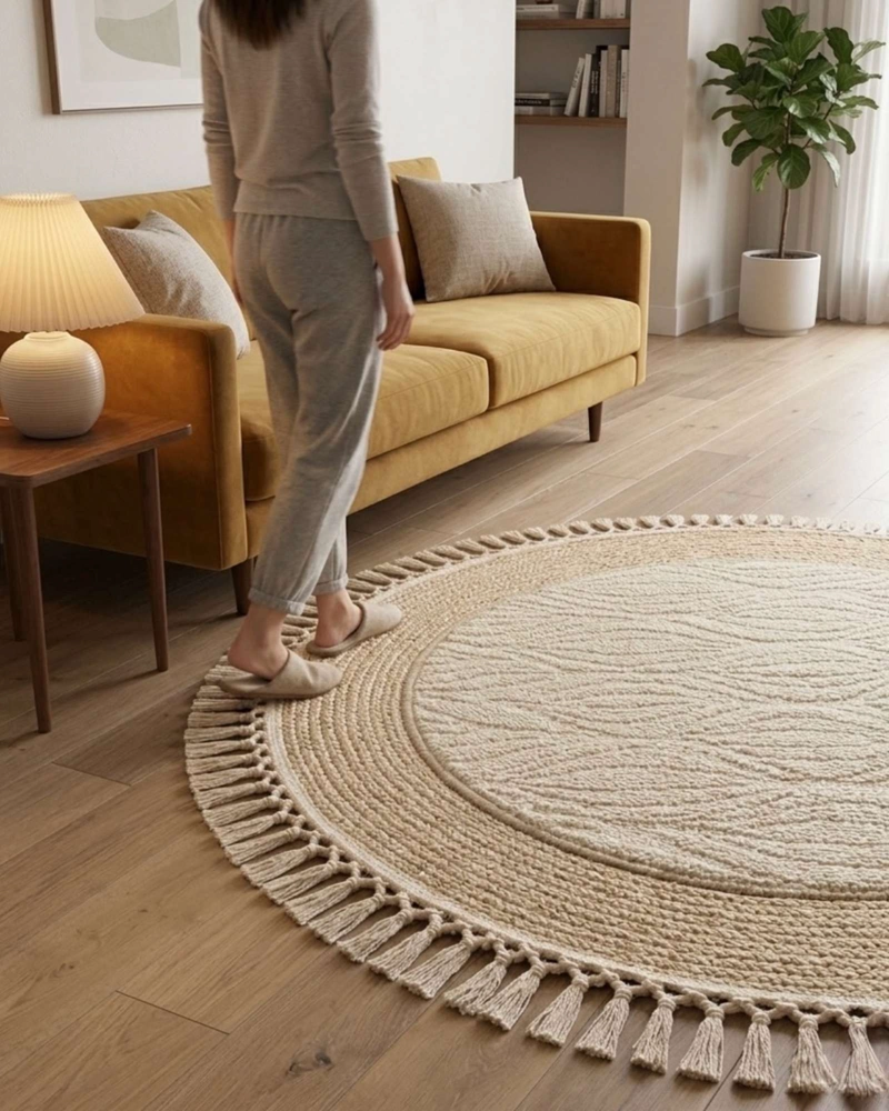 ALFOMBRA REDONDA ESTILO BOHO CHIC CON FLECOS TEXTURA SISAL 80CM - 6