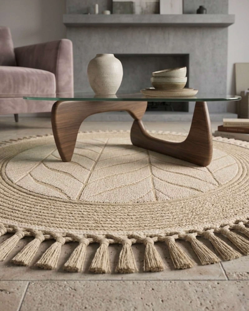 ALFOMBRA REDONDA ESTILO BOHO CHIC CON FLECOS TEXTURA SISAL 80CM - 1