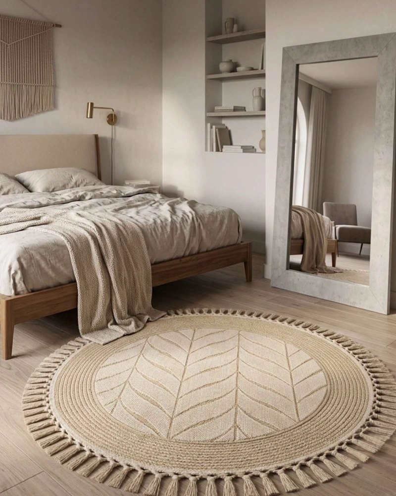 ALFOMBRA REDONDA ESTILO BOHO CHIC CON FLECOS TEXTURA SISAL 80CM - 2
