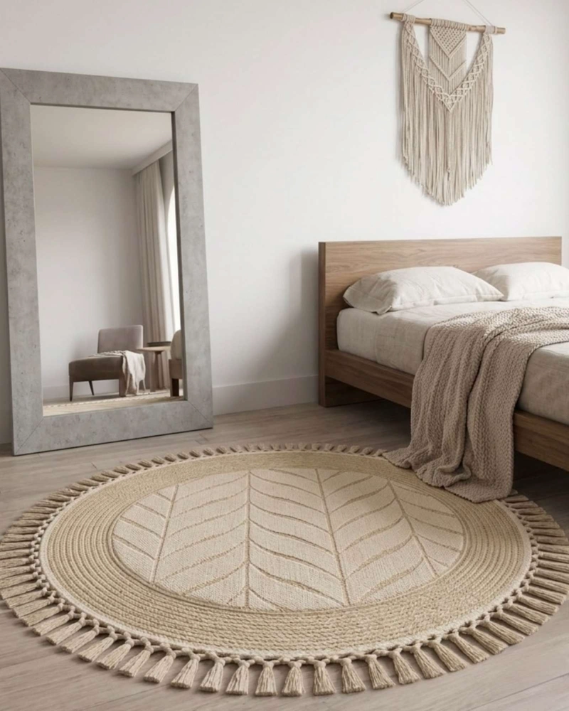 ALFOMBRA REDONDA ESTILO BOHO CHIC CON FLECOS TEXTURA SISAL 80CM - 3