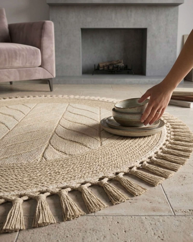 ALFOMBRA REDONDA ESTILO BOHO CHIC CON FLECOS TEXTURA SISAL 80CM - 5