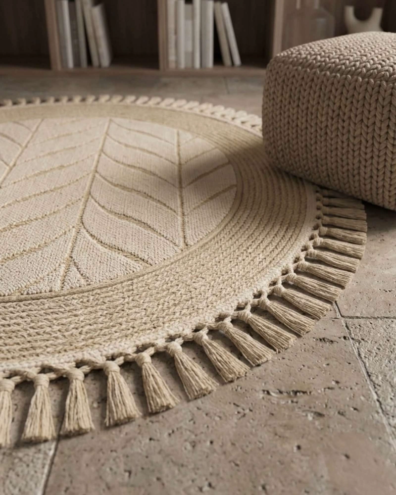 ALFOMBRA REDONDA ESTILO BOHO CHIC CON FLECOS TEXTURA SISAL 80CM - 6