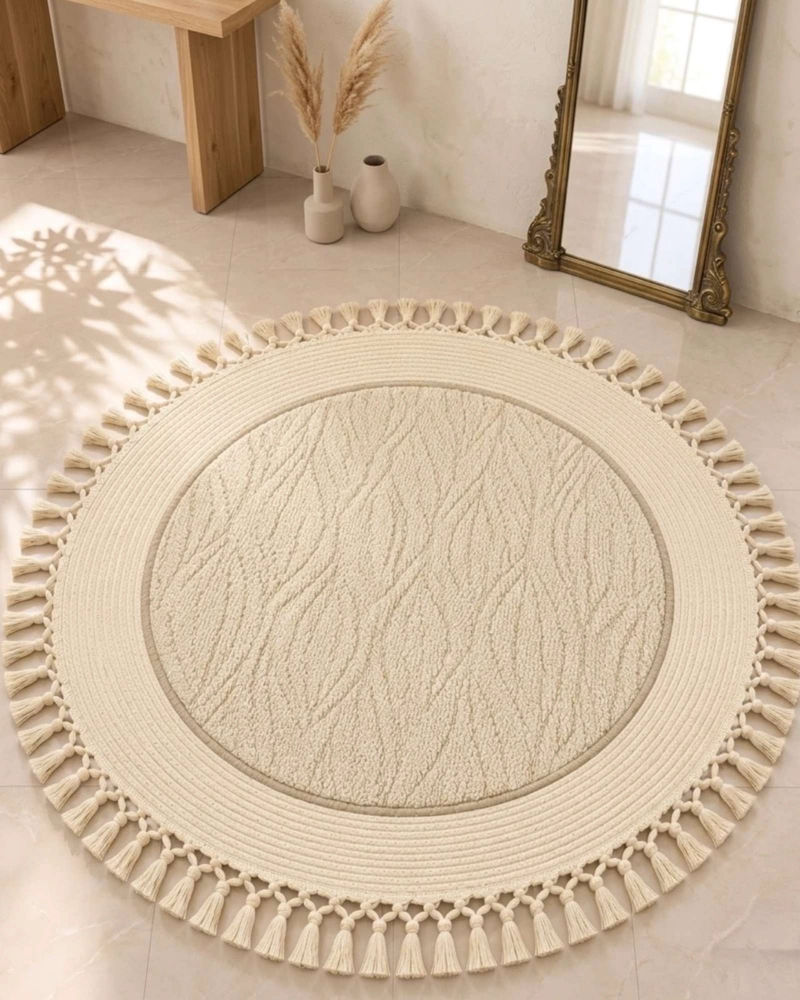 ALFOMBRA REDONDA ESTILO BOHO CHIC CON FLECOS TEXTURA SISAL 80CM - 1