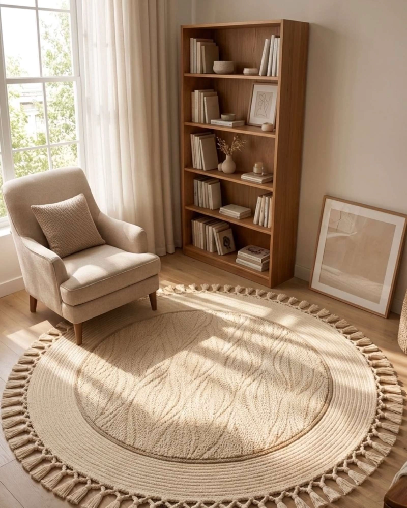 ALFOMBRA REDONDA ESTILO BOHO CHIC CON FLECOS TEXTURA SISAL 80CM - 2