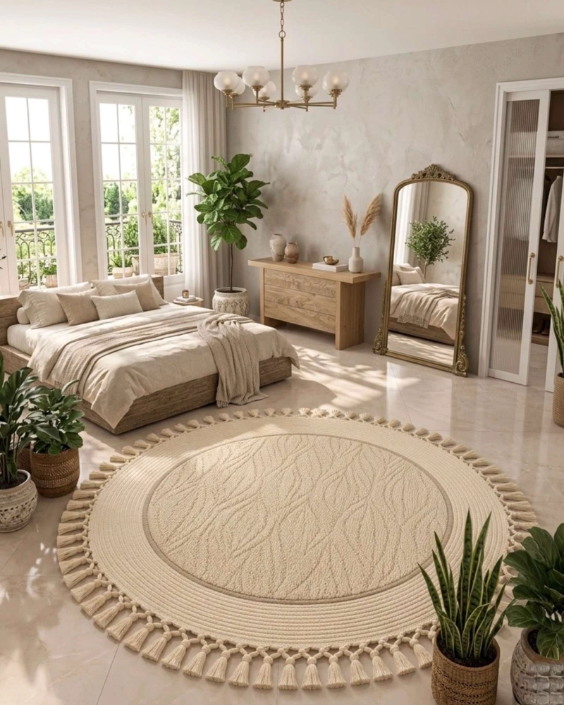 ALFOMBRA REDONDA ESTILO BOHO CHIC CON FLECOS TEXTURA SISAL 80CM - 3