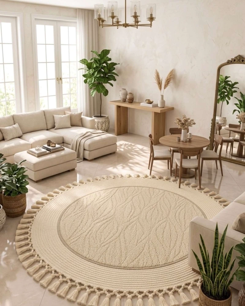ALFOMBRA REDONDA ESTILO BOHO CHIC CON FLECOS TEXTURA SISAL 80CM - 5