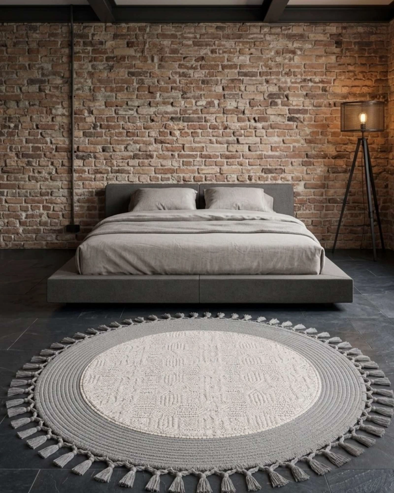 ALFOMBRA REDONDA ESTILO BOHO CHIC CON FLECOS TEXTURA SISAL 80CM - 1