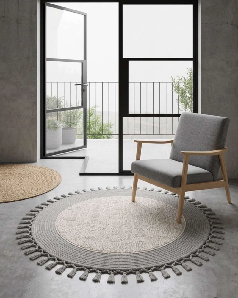 ALFOMBRA REDONDA ESTILO BOHO CHIC CON FLECOS TEXTURA SISAL 80CM - 2