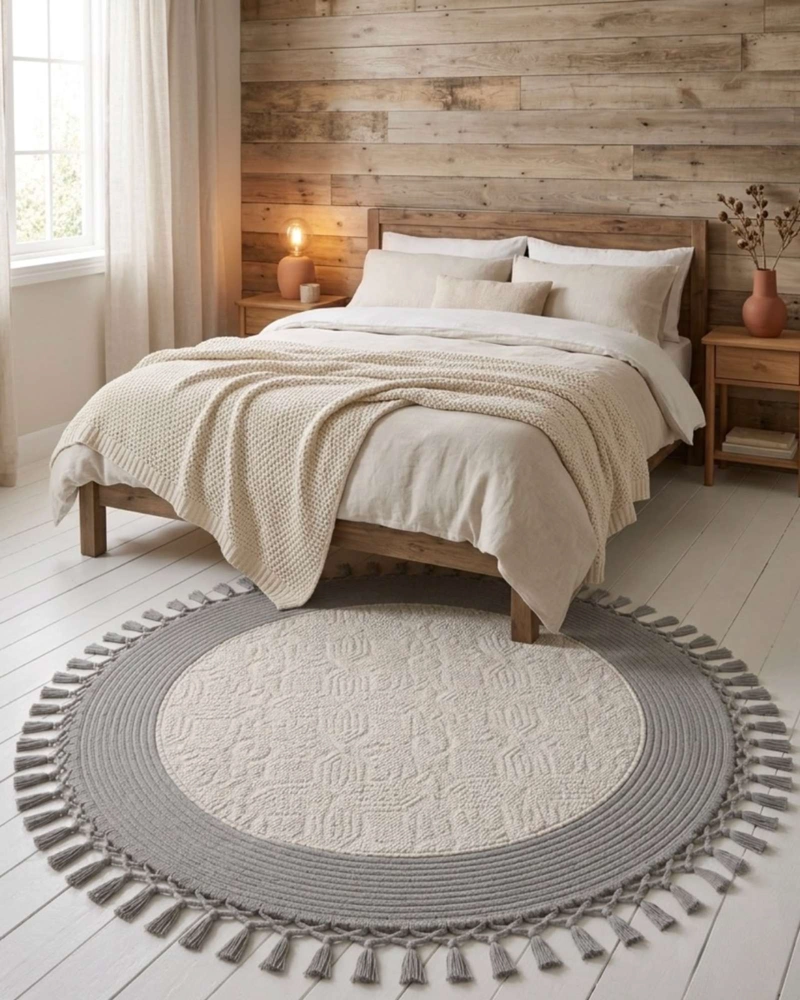 ALFOMBRA REDONDA ESTILO BOHO CHIC CON FLECOS TEXTURA SISAL 80CM - 3