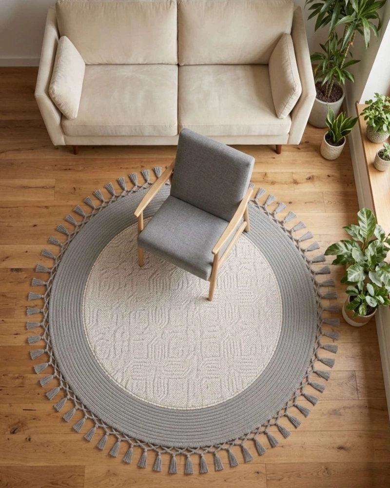 ALFOMBRA REDONDA ESTILO BOHO CHIC CON FLECOS TEXTURA SISAL 80CM - 4