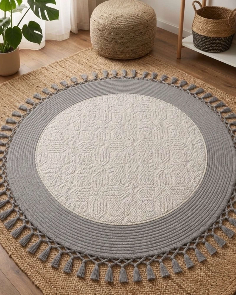 ALFOMBRA REDONDA ESTILO BOHO CHIC CON FLECOS TEXTURA SISAL 80CM - 6