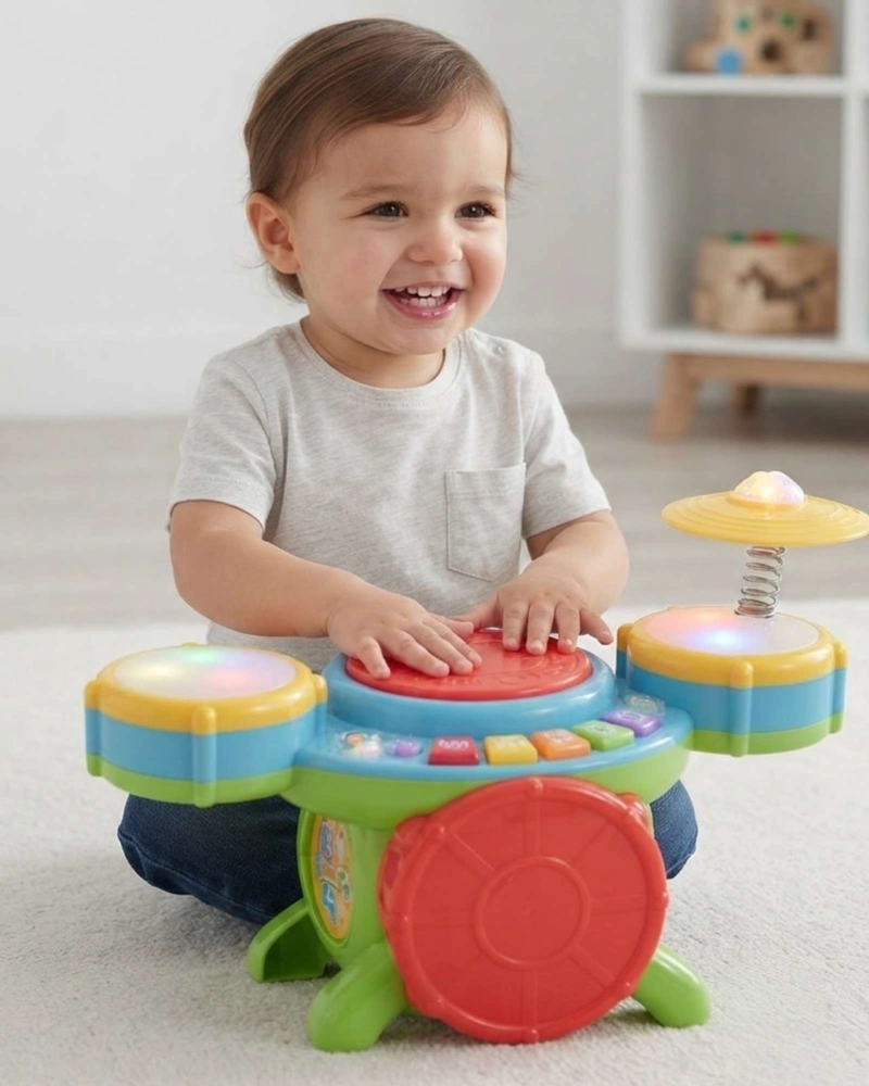 BATERIA MUSICAL INFANTIL CON MICROFONO Y LUCES JUGUETE 3+ - 1