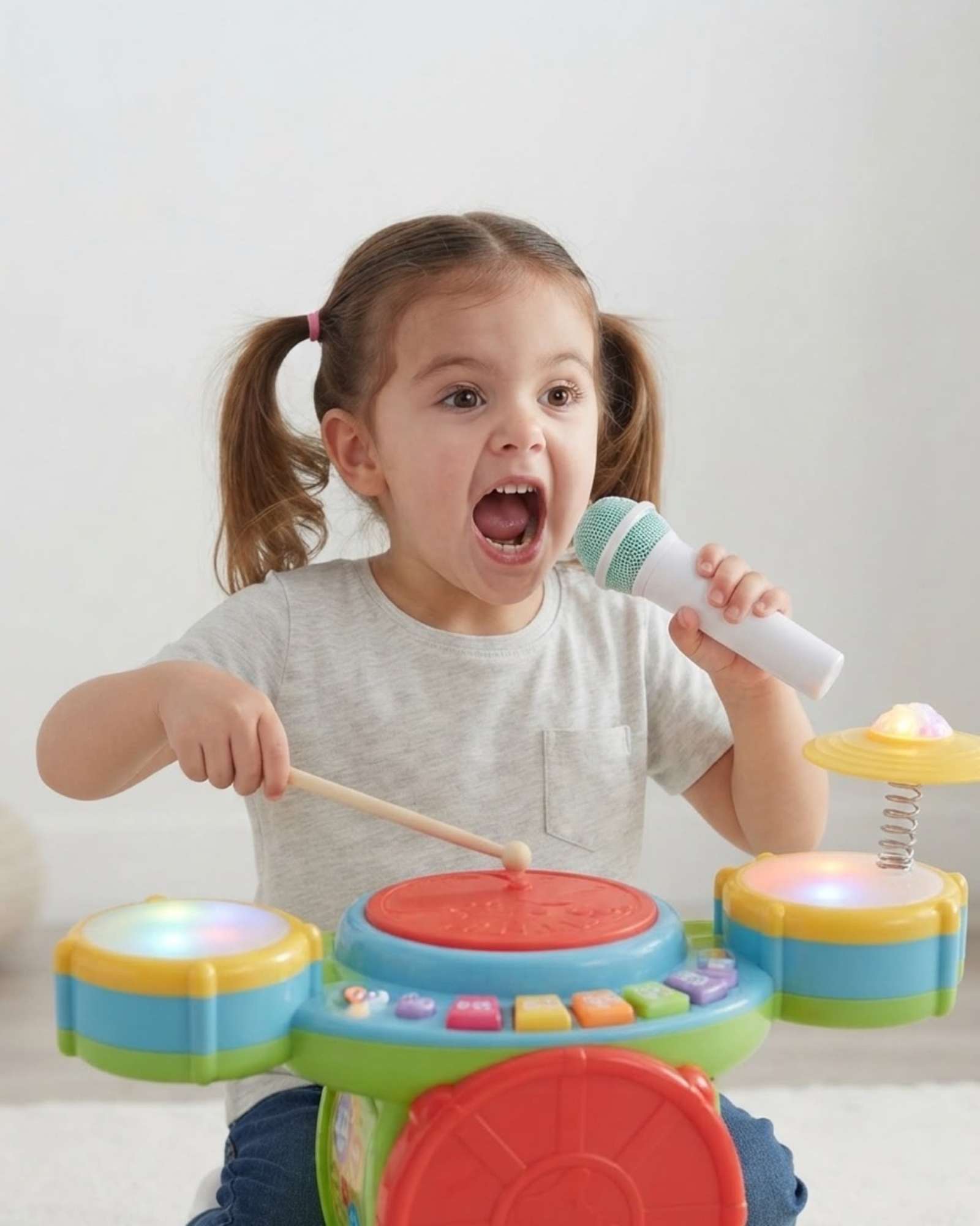 BATERIA MUSICAL INFANTIL CON MICROFONO Y LUCES JUGUETE 3+ - 2