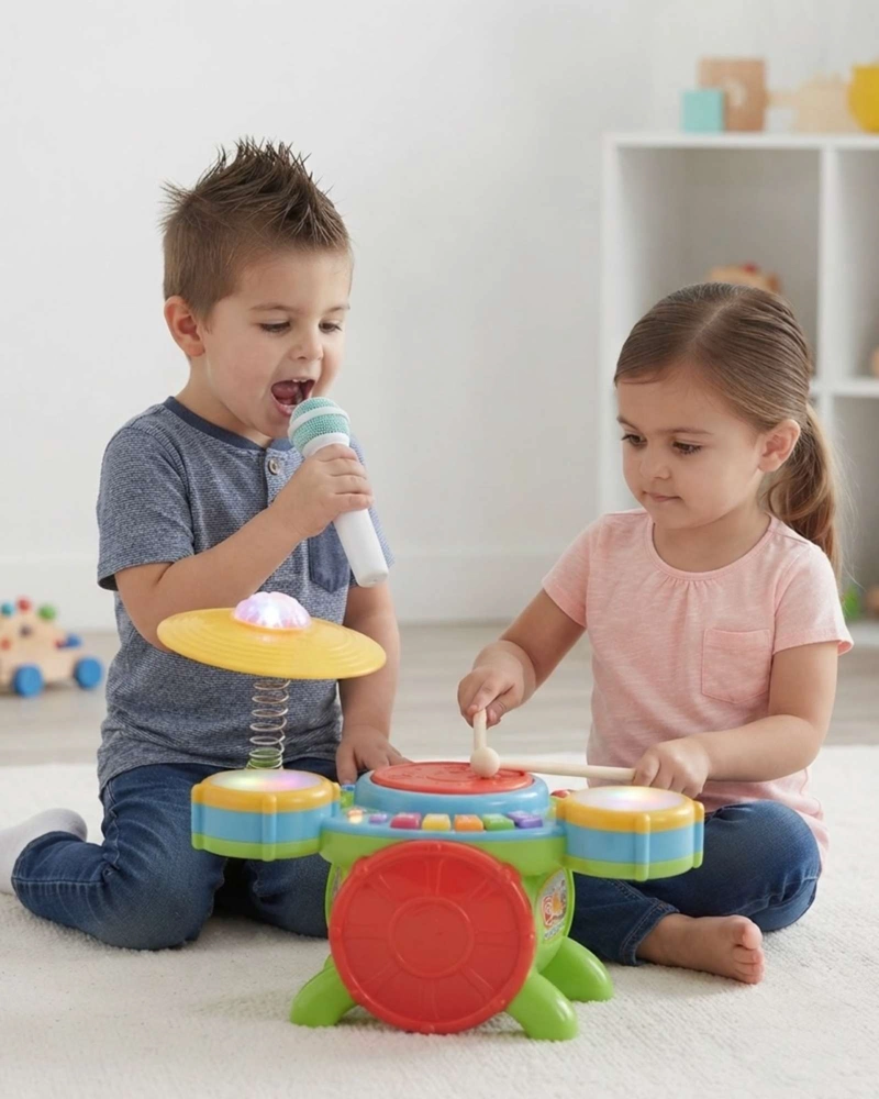 BATERIA MUSICAL INFANTIL CON MICROFONO Y LUCES JUGUETE 3+ - 3