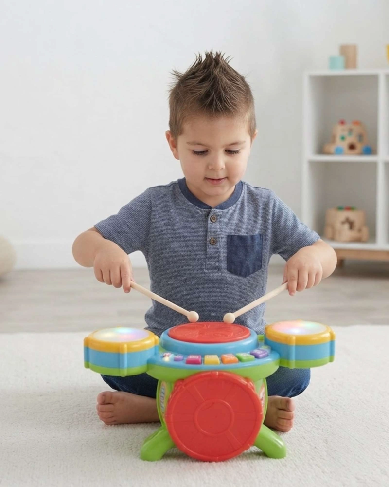 BATERIA MUSICAL INFANTIL CON MICROFONO Y LUCES JUGUETE 3+ - 4