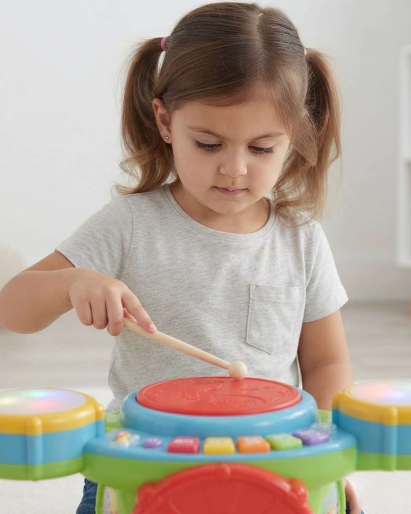 BATERIA MUSICAL INFANTIL CON MICROFONO Y LUCES JUGUETE 3+ - 5