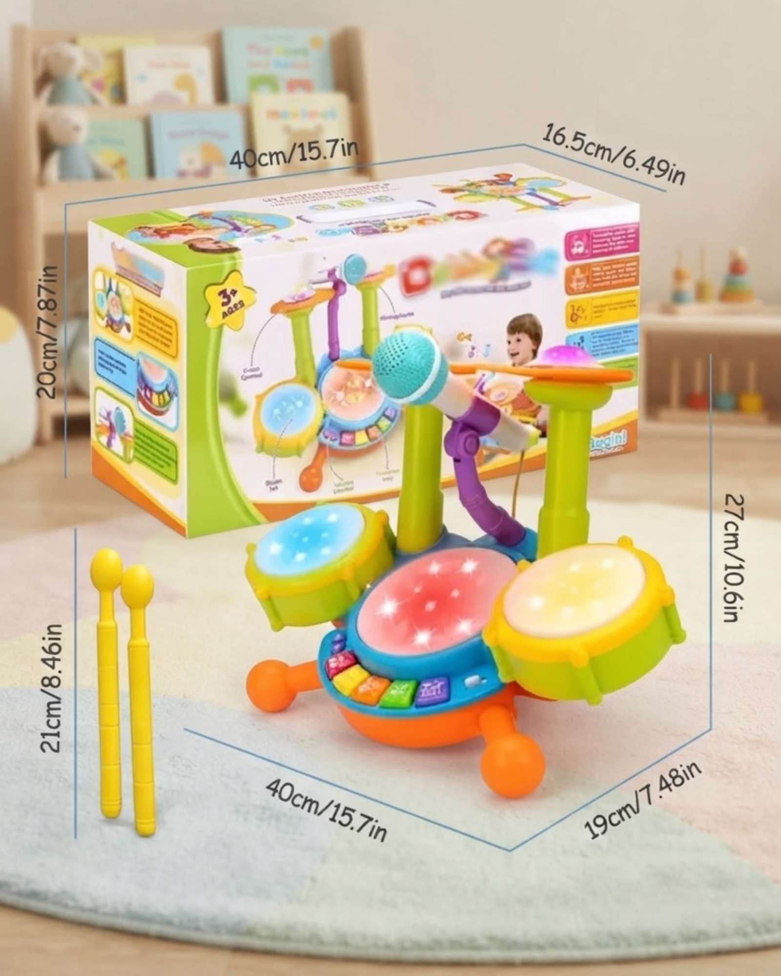 BATERIA MUSICAL INFANTIL CON MICROFONO Y LUCES JUGUETE 3+ - 6