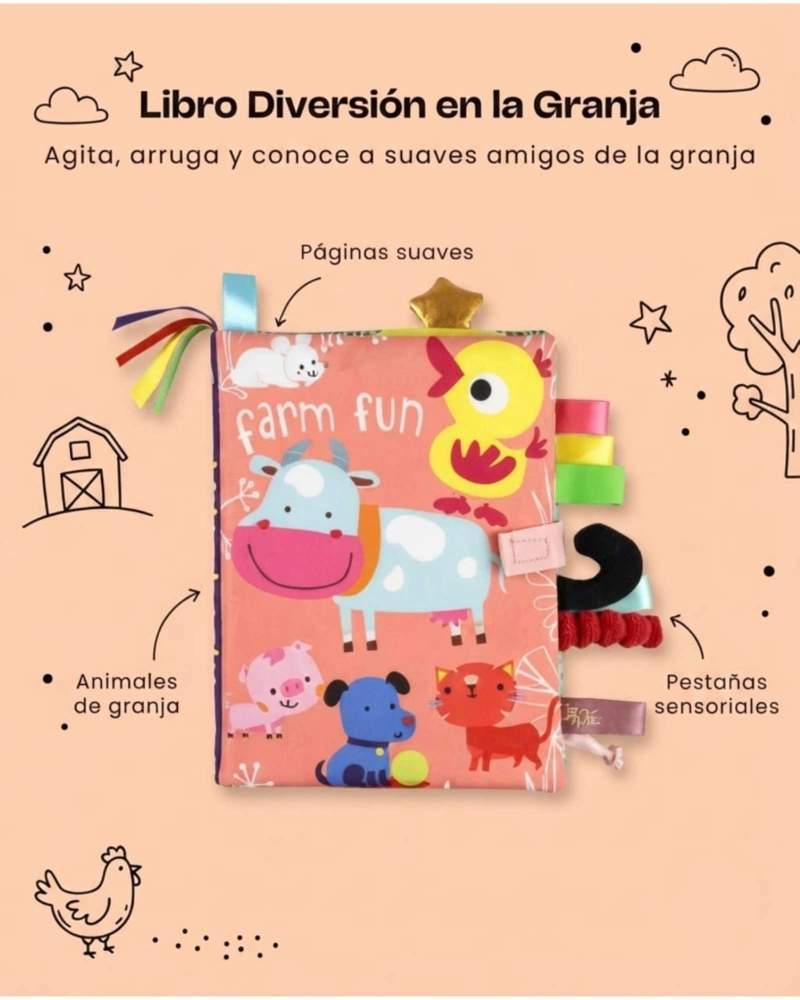 LIBRO SENSORIAL DE TELA Y TEXTURA PARA BEBE S CON COLAS DE ANIMALES Y SONIDO08 - 1