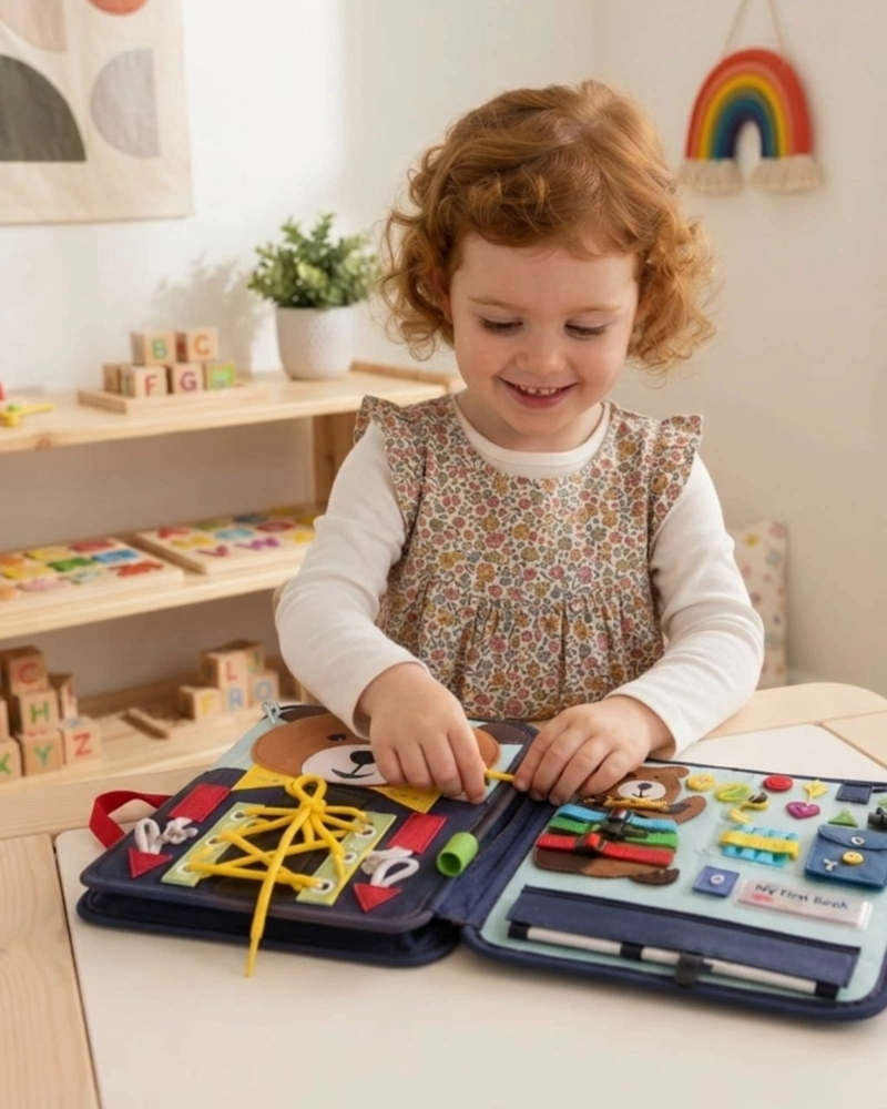 TABLERO DIDACTICO SENSORIAL MONTESSORI MALETA DE FIELTRO OSITO VIAJE. - 2