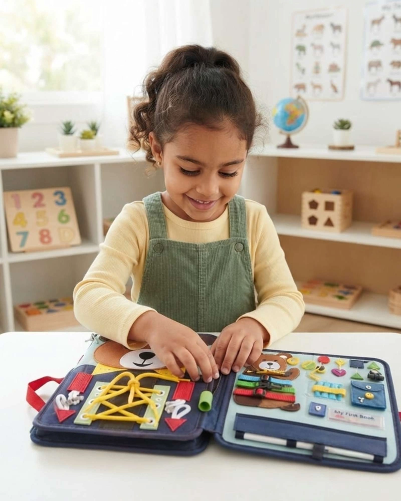 TABLERO DIDACTICO SENSORIAL MONTESSORI MALETA DE FIELTRO OSITO VIAJE. - 3