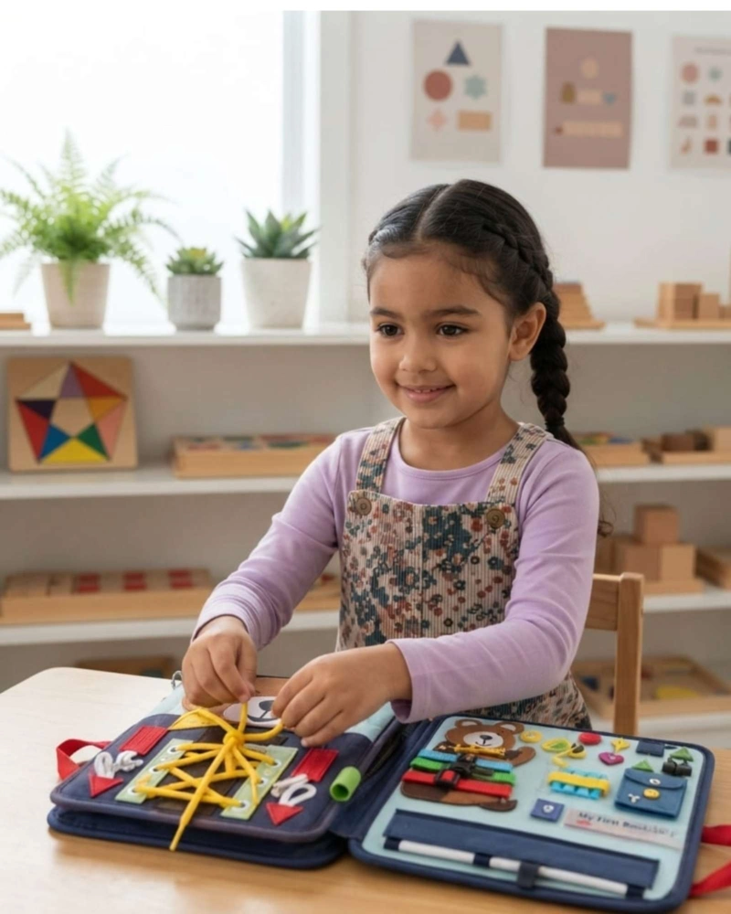 TABLERO DIDACTICO SENSORIAL MONTESSORI MALETA DE FIELTRO OSITO VIAJE. - 4