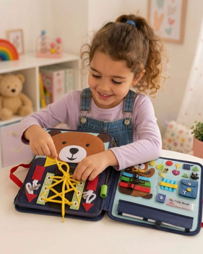 TABLERO DIDACTICO SENSORIAL MONTESSORI MALETA DE FIELTRO OSITO VIAJE. - 5
