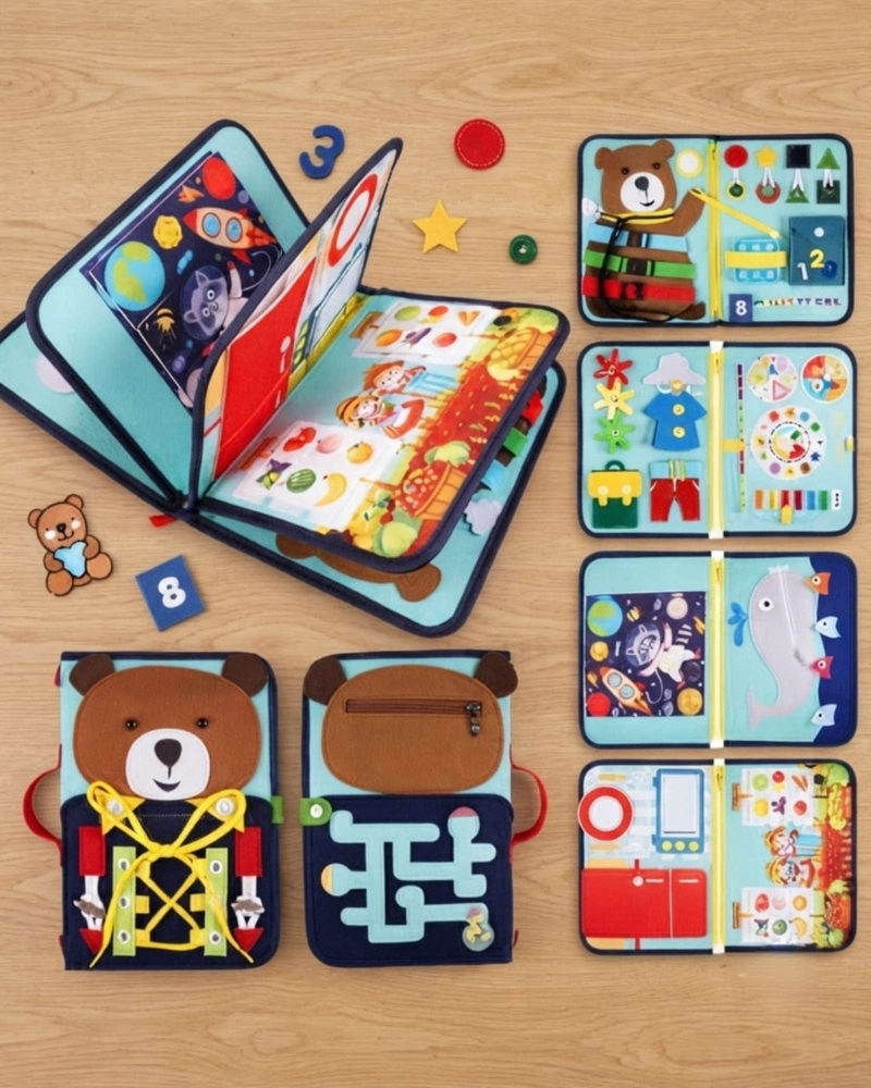TABLERO DIDACTICO SENSORIAL MONTESSORI MALETA DE FIELTRO OSITO VIAJE. - 6