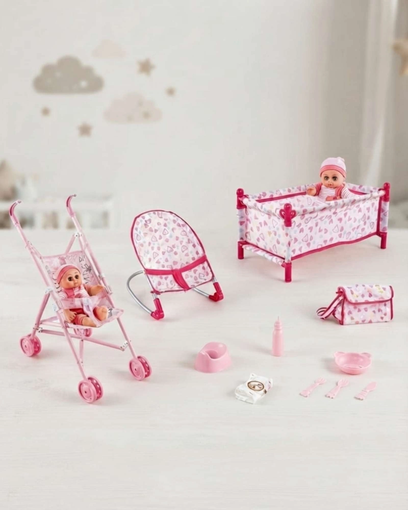 SET DE MUÑECA BEBE  10 EN 1 CON  ACCESORIOS ROSADO - 2