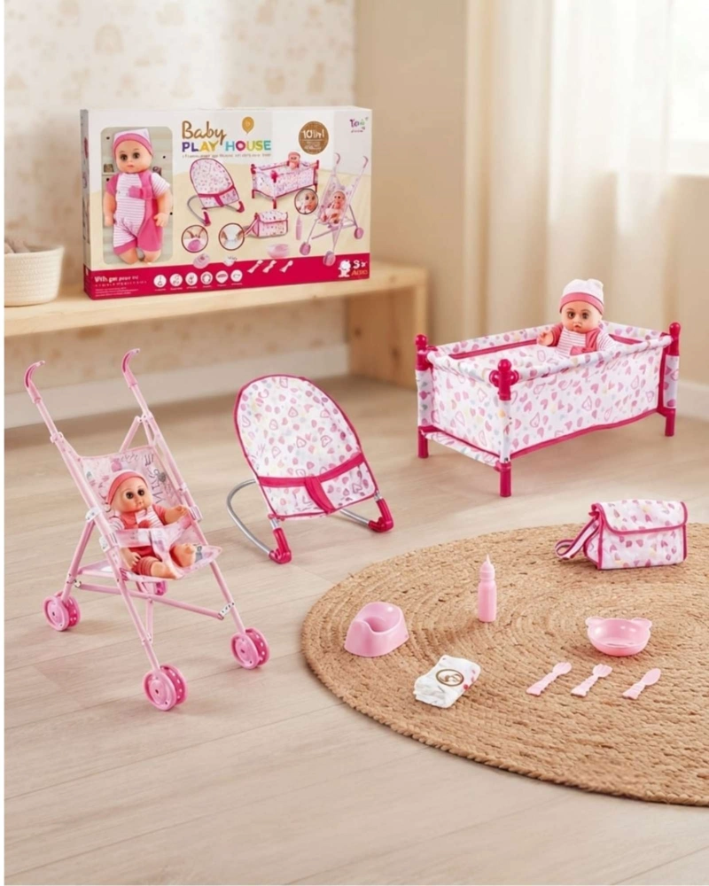 SET DE MUÑECA BEBE  10 EN 1 CON  ACCESORIOS ROSADO - 3