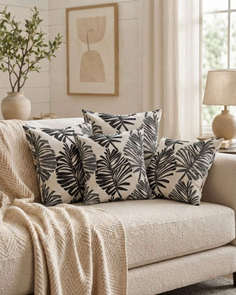 PACK DE 6 FUNDAS DE COJIN JACQUARD DISEÑO HOJAS TROPICALES - 1