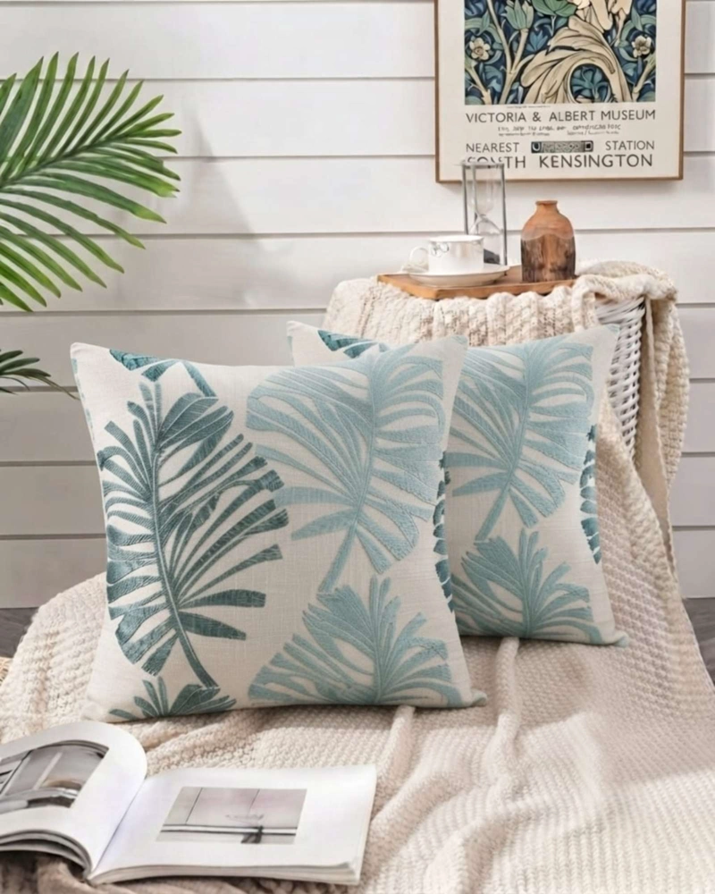 PACK DE 2 FUNDAS DE COJIN JACQUARD DISEÑO HOJAS TROPICALES - 1