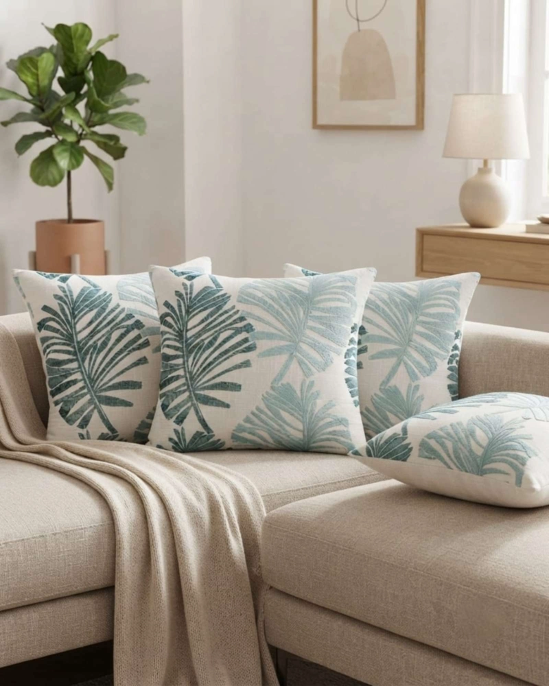 PACK DE 6 FUNDAS DE COJIN JACQUARD DISEÑO HOJAS TROPICALES - 2