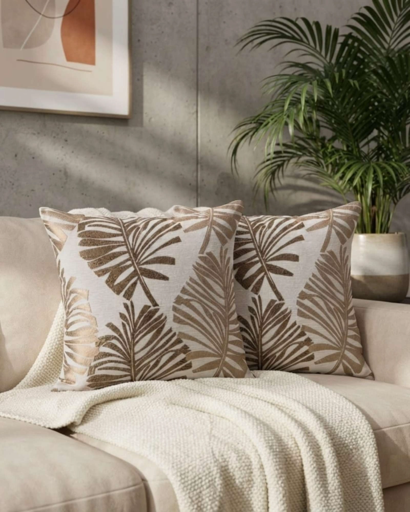 PACK DE 4 FUNDAS DE COJIN JACQUARD DISEÑO HOJAS TROPICALES - 2