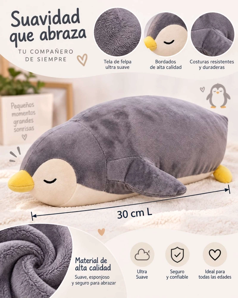 COJIN PELUCHE PINGÜINO EXTRA SUAVE ALMOHADA PARA ABRAZAR 30 CM - 4