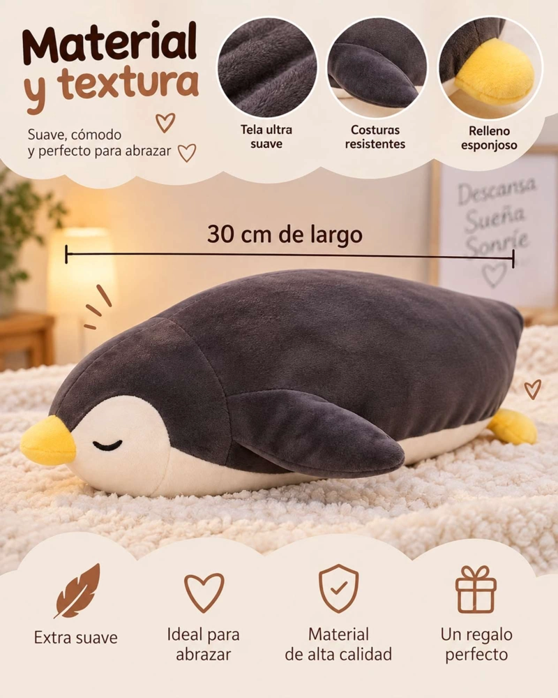 COJIN PELUCHE PINGÜINO EXTRA SUAVE ALMOHADA PARA ABRAZAR 30 CM - 3