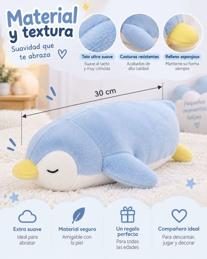 COJIN PELUCHE PINGÜINO EXTRA SUAVE ALMOHADA PARA ABRAZAR 30 CM - 4