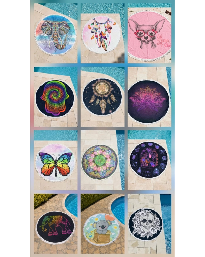 TOALLA MANDALA DE PLAYA REDONDA CON FLECOS DISEÑOS VERANO. - 7