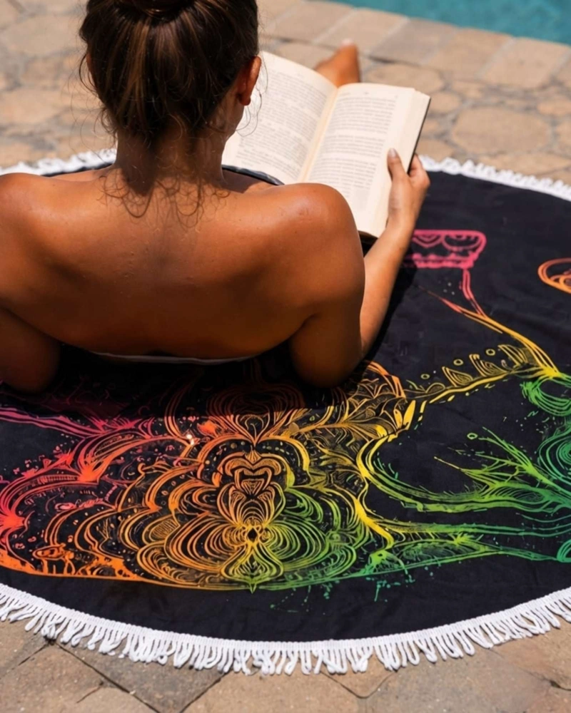 TOALLA MANDALA DE PLAYA REDONDA CON FLECOS DISEÑOS VERANO. - 2