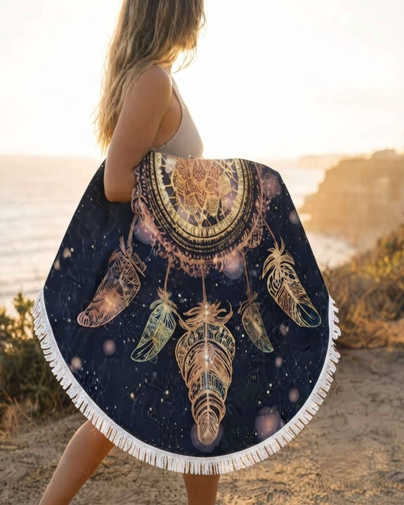 TOALLA MANDALA DE PLAYA REDONDA CON FLECOS DISEÑOS VERANO. - 2