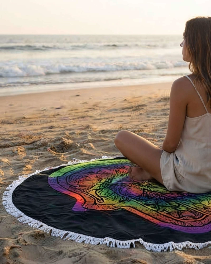 TOALLA MANDALA DE PLAYA REDONDA CON FLECOS DISEÑOS VERANO. - 2
