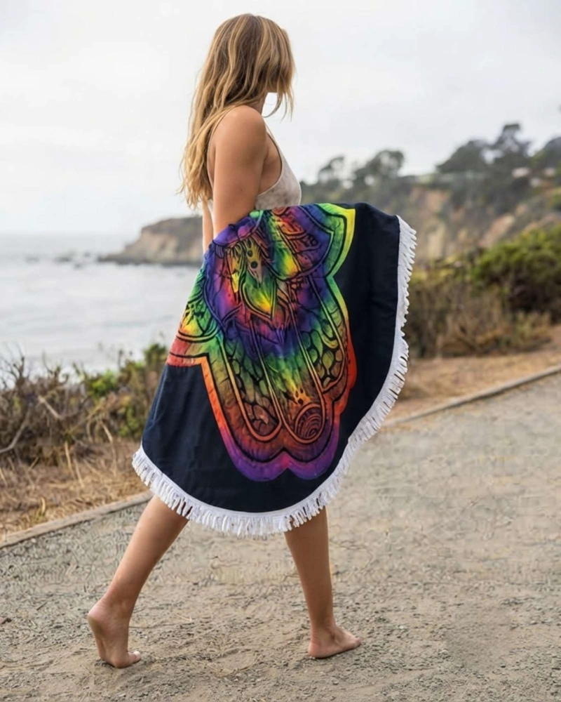 TOALLA MANDALA DE PLAYA REDONDA CON FLECOS DISEÑOS VERANO. - 4