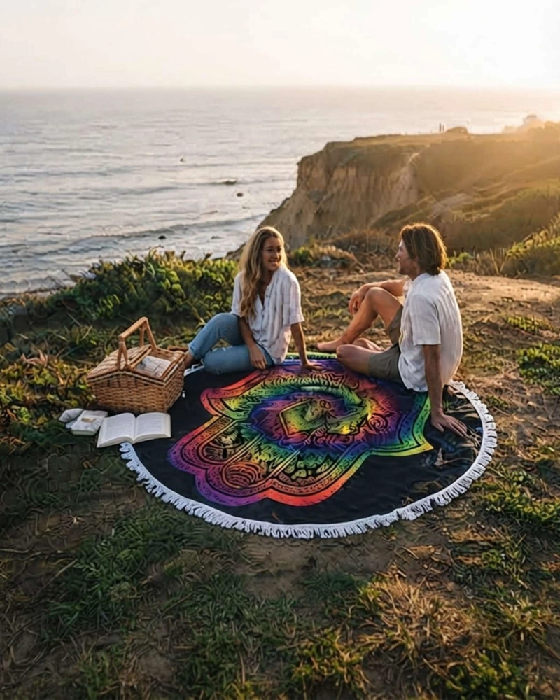 TOALLA MANDALA DE PLAYA REDONDA CON FLECOS DISEÑOS VERANO. - 5